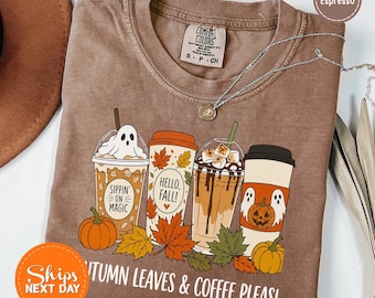 Cute Fall Ghost Coffee Cup Shirt, Autumn Leaves Cozy Tee, Autumn Shirt, Spooky Halloween Shirt, Pumpkin Crewneck, Cozy Fall Gift