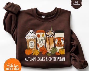 Cute Fall Ghost Coffee Cup Sweatshirt, Autumn Leaves Cozy, Autumn Hoodie, Spooky Halloween Pumpkin Crewneck, Cozy Fall Gift