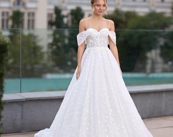 Off-shoulder lace ball gown wedding dress with floral embroidery and corset back Custom Size Bridal Gown