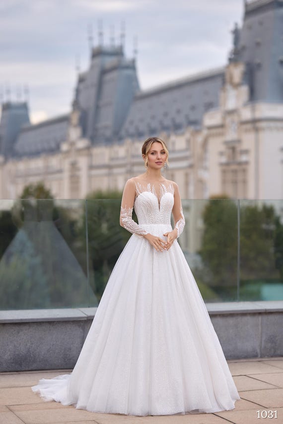 Sparkly A-line Wedding Dress With Illusion Neckline and Long Sleeves,  Beaded Tulle Bridal Gown Custom Size Bridal Gown - Etsy Israel