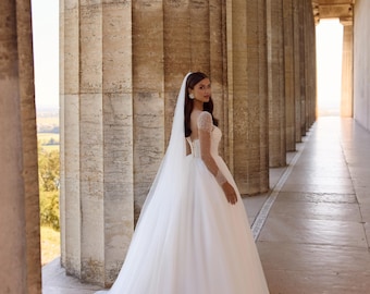 Princess wedding dress with pearl embroidery and long sleeves Custom Size Bridal Gown