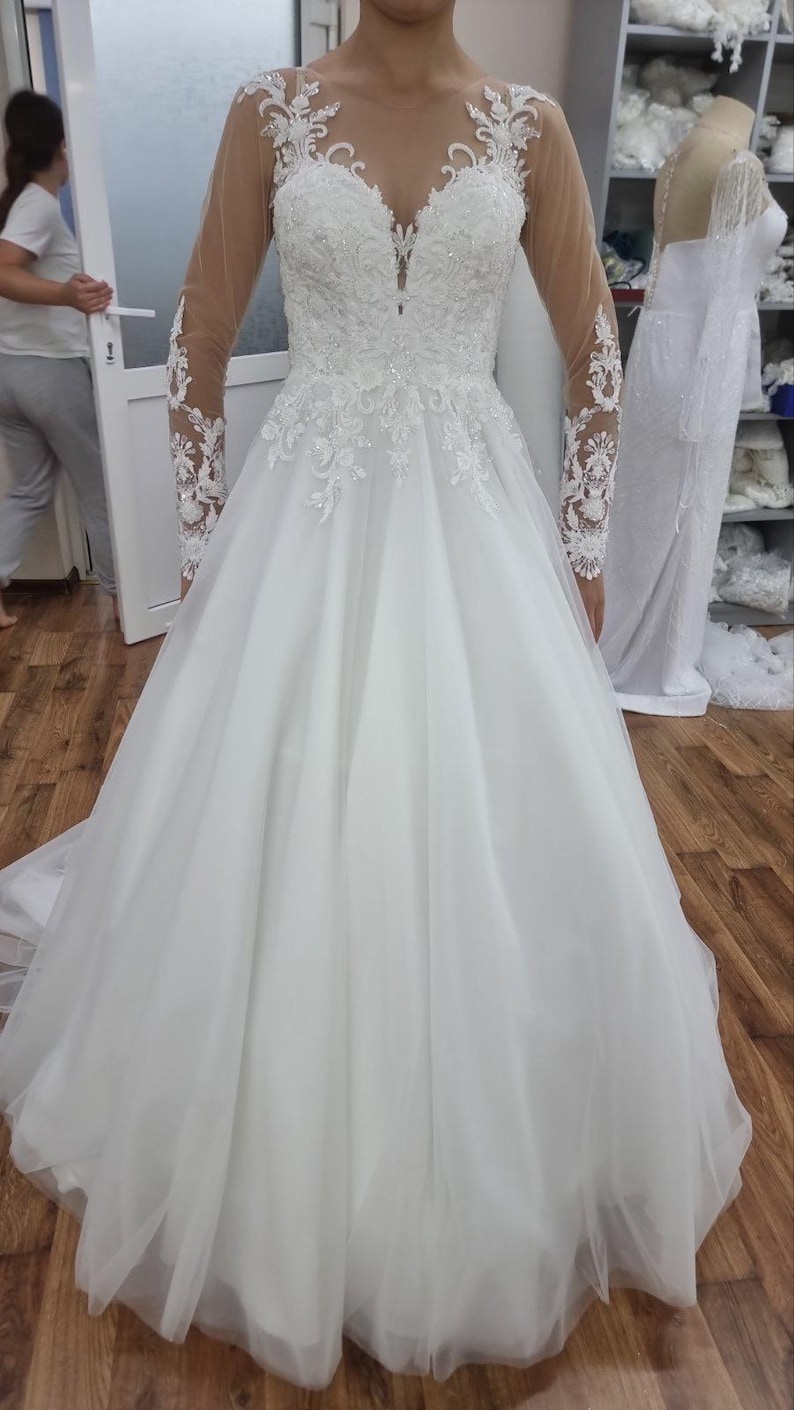 Elegant Lace Princess a Line Wedding Dress With Long Sleeves and ...