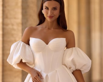 Schulter Satin Brautkleid mit Puffärmeln und Korsett Mieder Custom Size Brautkleid