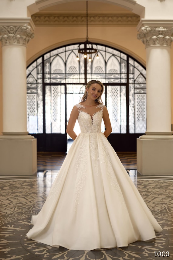 Handmade Lace A-Line Wedding Dress: Beaded Bodice, Open Back Bridal Gown Custom Size Bridal Gown