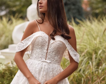 appliqued glitter tulle a line wedding dress Floral Applique Wedding Dress: Glitter Tulle A-Line, Off-Shoulder