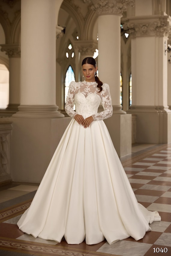 High Neck Satin Ball Gown Wedding Dress With Lace Long Sleeves and Vintage Style Custom Size Bridal Gown - Etsy Israel High Neck Satin Ball Gown Wedding Dress With Lace Long Sleeves and Vintage Style Custom Size Bridal Gown - Etsy Israel