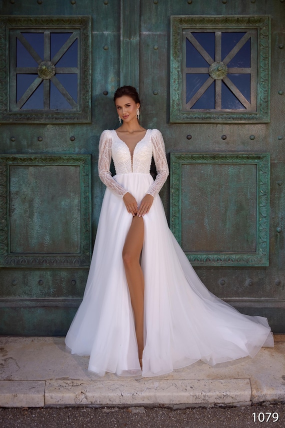 A-line wedding dress with long sleeves, deep V-neckline and slit skirt Custom Size Bridal Gown