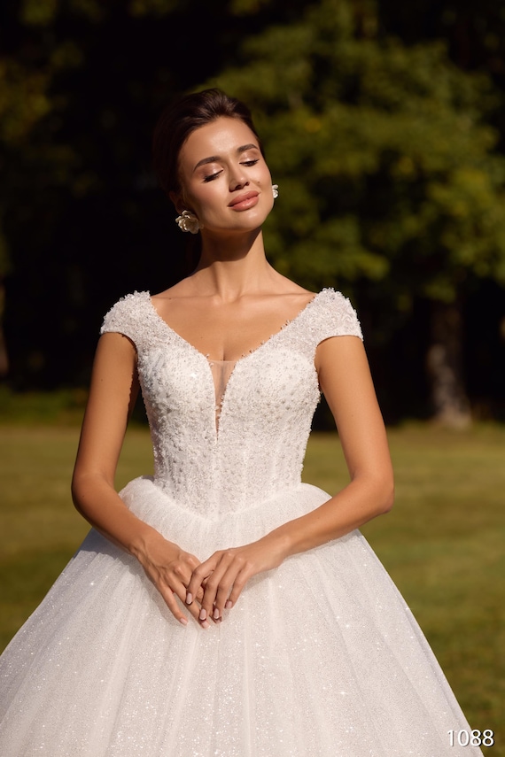 Sparkling princess wedding dress with beaded bodice and glitter tulle skirt Custom Size Bridal Gown