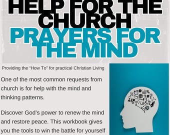 Puede incluir: Imagen promocional de un libro de trabajo titulado "Help for the Church, Prayers for the Mind". El texto está en negro y verde azulado, con una silueta blanca de una cabeza llena de varios iconos. La imagen promueve la vida cristiana práctica y la renovación de la mente.