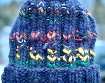 Men’s Hand Knit Merino Wool Beanie – Super Bulky – Warm Even When Wet – OOAK