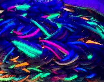 Hand-Knit Beanie - Malabrigo, Noro, Sequins, UV-Reactive Neon Yarn - Festival Hat, Chunky Knit, One-of-a-Kind
