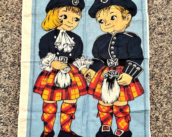 Vintage Scottish Tea Towel: 1960s Highland Children, Tartan Kilt Wall Art