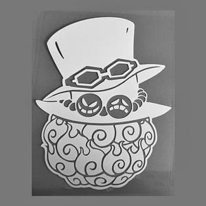 May include: A white cut-out design featuring a character with a top hat, goggles, and a stylized beard of flames. The character has two faces with different expressions. The design is likely for a fan of anime or manga.