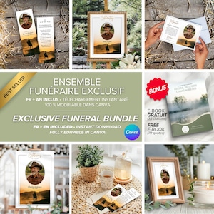 May include: An exclusive funeral bundle with customizable templates. The image shows various memorial products, including framed photos, bookmarks, and a booklet. The bundle includes an instant download and is fully editable in Canva.