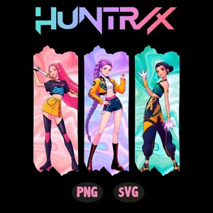 Peut inclure: Illustration numérique de trois personnages féminins stylisés dans des tenues vibrantes. Le mot "HUNTRAX" est en haut. Les personnages sont placés sur des fonds colorés, avec les textes "PNG" et "SVG" en bas.
