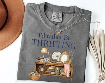 I’d Rather Be Thrifting PNG, thrift aesthetic SVG, Blue and gold vintage decor cart, retro thrifting Png, Cut file Cricut, Digital Download