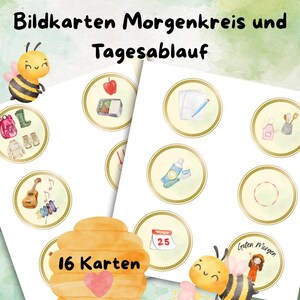 May include: Educational flashcards with watercolor illustrations, including a backpack, apple, and guitar. The cards are labeled "Bildkarten Morgenkreis und Tagesablauf" and "16 Karten". A cartoon bee is featured in the image.