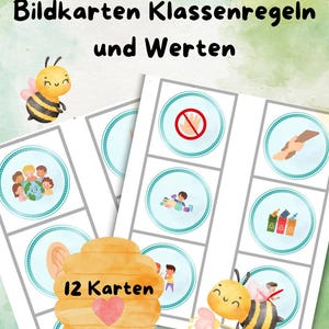Pode incluir: Um conjunto de cartões educativos com ilustrações e texto em alemão. Os cartões apresentam imagens de crianças, mãos e símbolos de reciclagem. O título "Bildkarten Klassenregeln und Werten" é exibido no topo, com uma ilustração de abelha. Os cartões estão em um círculo azul claro.