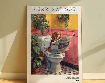 Impresión artística de perro leyendo periódico estilo Matisse, decoración de baño moderna