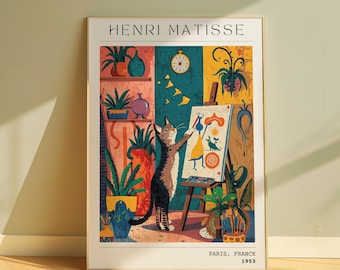 Stampa artistica di gatto in stile Matisse, arredamento colorato per la casa, senza cornice