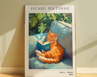 Oranje kat lezen muurkunst | Matisse-stijl | Gezellige INGELIJSTE print