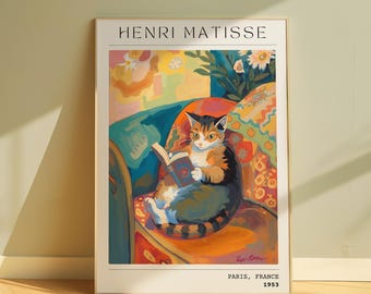 Matisse Cat Art Print, Reading Cat on Couch, Modern Wall Decor