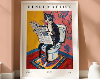 Matisse inspiriert schwarze Katze Badezimmer Kunstdruck, lustige moderne Dekoration