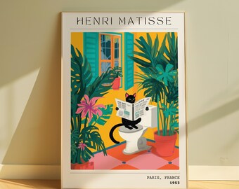 Funny Black Cat Bathroom Print: Mattise Style Tropical Decor