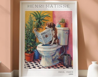 Matisse Dog on Toilet Art Print, Funny Bathroom Decor