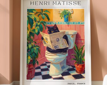 Funny Black Cat Bathroom Print, Reading Newspaper Art (UNFRAMED)