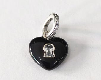 PANDORA 925 Ale Black Ceramic Padlock Heart Charm  Sterling Silver