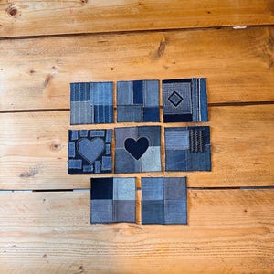 Denim patches, Jeans appliqué for visable mending. Hand sewn, Repurposed Denim.