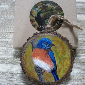 USA Free shipping, Rustic Ornaments, bluebird, mini painting, christmas, wood, Appalachian Painter, nature painting, bird, woodland creature