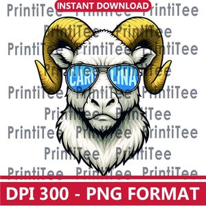 May include: A digital illustration of a ram's head wearing sunglasses with the word "CAROLINA" in blue. The ram has large, curved, golden horns and a white face and neck. The image includes the text "INSTANT DOWNLOAD" and "DPI 300 - PNG FORMAT".