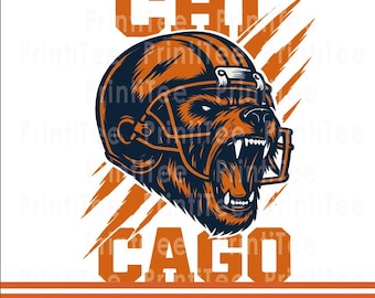 May include: A digital graphic featuring a snarling bear wearing a football helmet, with the word "CHICAGO" in orange. The design includes orange diagonal stripes and the text "INSTANT DOWNLOAD" and "DPI 300 - PNG FORMAT".