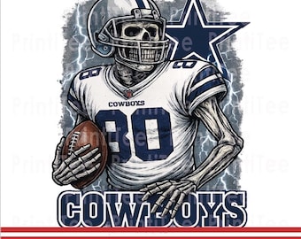 May include: A digital illustration of a skeleton football player wearing a white and blue Cowboys jersey with the number 80. The image includes a football, a helmet, and the Cowboys logo. The words "COWBOYS" and "DPI 300 - PNG FORMAT" are also present.
