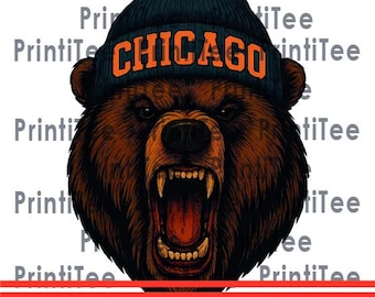 May include: A detailed illustration of a bear's head with an open mouth, revealing teeth and a red interior. The bear wears a navy blue beanie with "CHICAGO" in orange letters. The image includes "INSTANT DOWNLOAD" and "DPI 300 - PNG FORMAT" text.