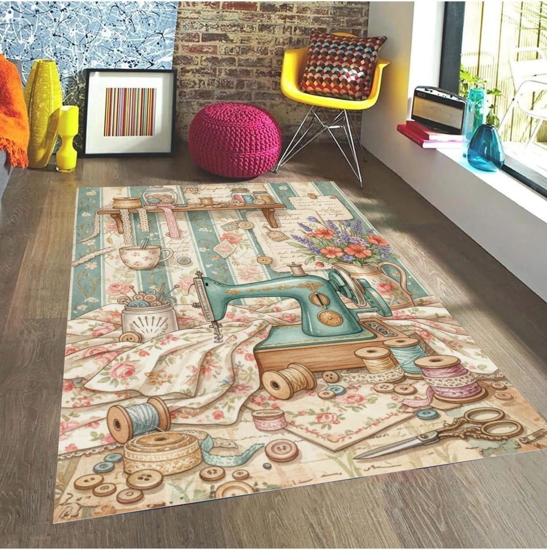 Craft Area Rug Vintage Sewing Area Rug: Washable Craft Room Mat, Home Studio Runner - Etsy