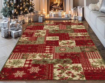 Washable Patchwork Christmas Rug: Red Green Plaid Holiday Decor