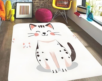 Cute White Kitten Bath Mat | Soft Nursery Decor | Watercolor Animal Art | Washable Kids Room Floor Mat