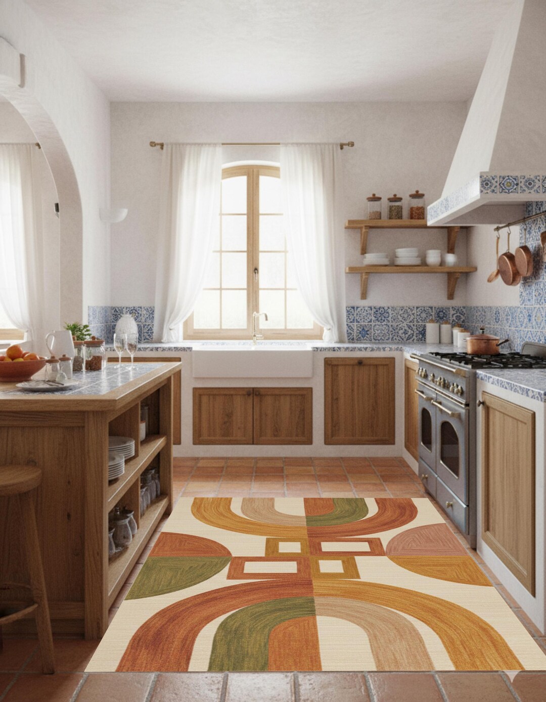 Retro Tile Pattern Mat | Washable Boho Area Rug | Abstract Mid-century ...