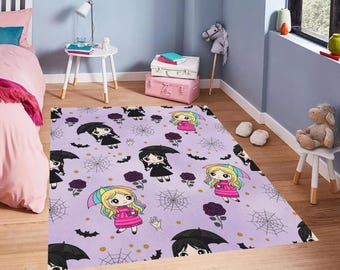Wednesday and Enid Kawaii Rug, Goth Nursery Decor