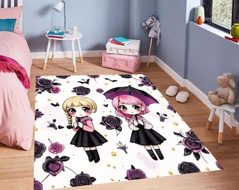 Kawaii Gothic Girls Rug, Pastel Goth E-Girl Room Decor