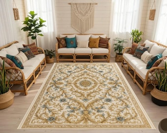Baroque Floral Rug: Washable Gold & Blue Vintage Carpet