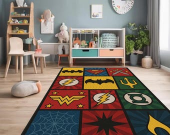 Superhero Icon Area Rug: Washable Comic Book Mat, Pop Art Hero Symbols