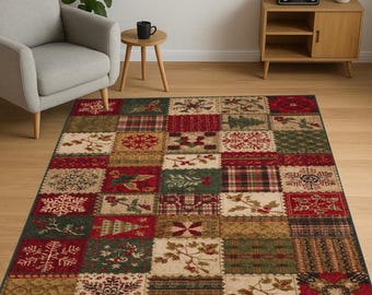 Rustic Christmas Area Rug: Washable Patchwork Runner, Plaid Snowflake Carpet, Red Green Quilt Mat