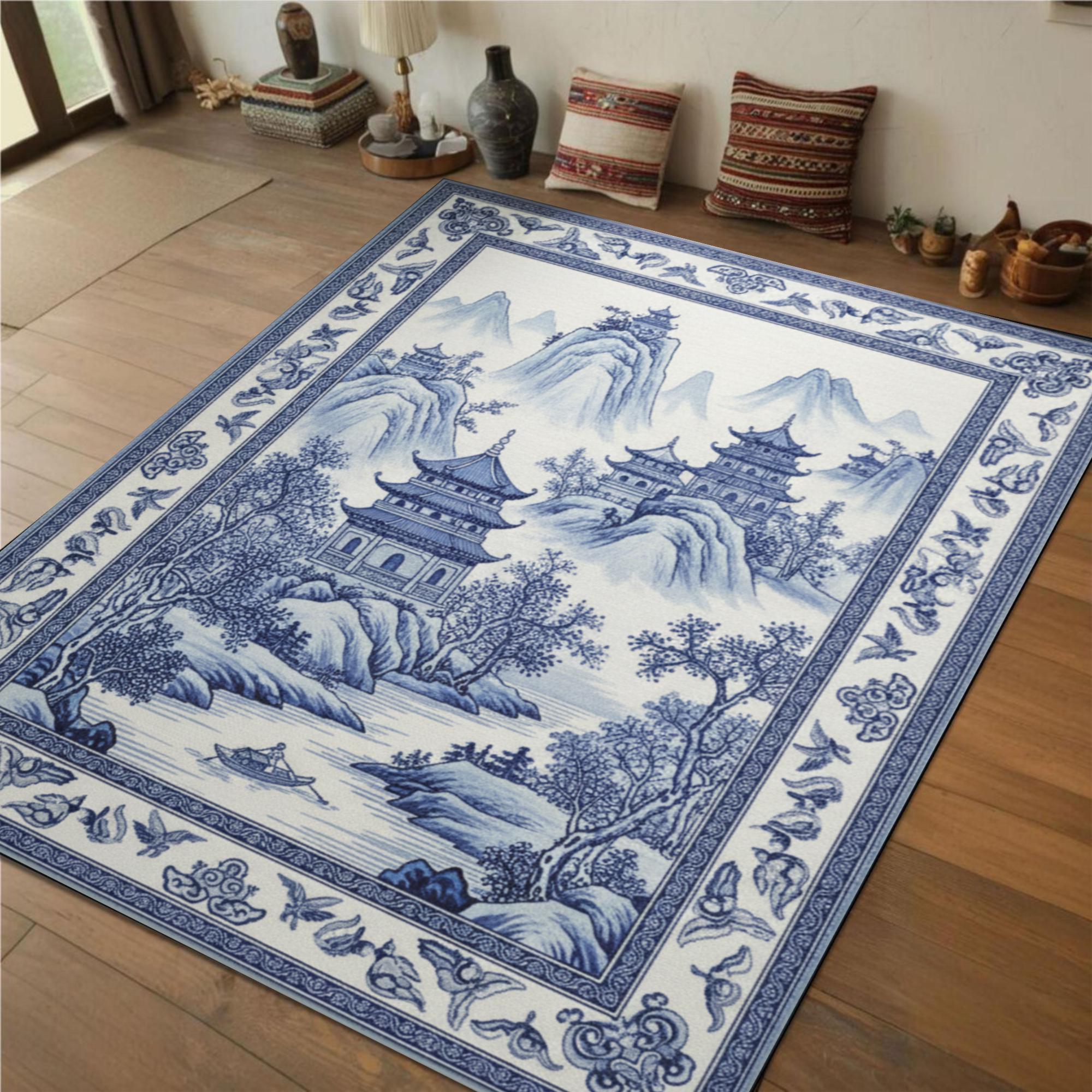 Chinese Rugs Design Blue Chinoiserie Rug: Washable Asian Landscape, Oriental Runner - Etsy