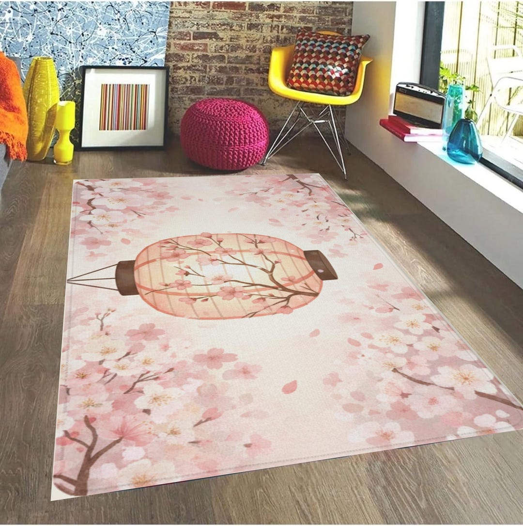 Sakura Rug Cherry Blossom Area Rug: Washable Pink Sakura Mat, Zen Pastel Runner ...