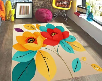 Colorful Scandi Floral Rug, Mid Century Modern Botanical Decor, Teal and Orange Area Rug