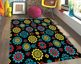 Vibrant Aztec Pattern Rug, Tribal Sun God Mat, Mexican Folk Art Decor